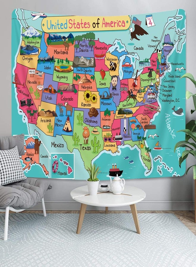 NYMB Kids United States Tapestry, Cartoon Fun Facts Geography USA Map America Wall Decor, Colorful Educational Wall Hanging for Children Bedroom Living Room, 40X30in - Image 1